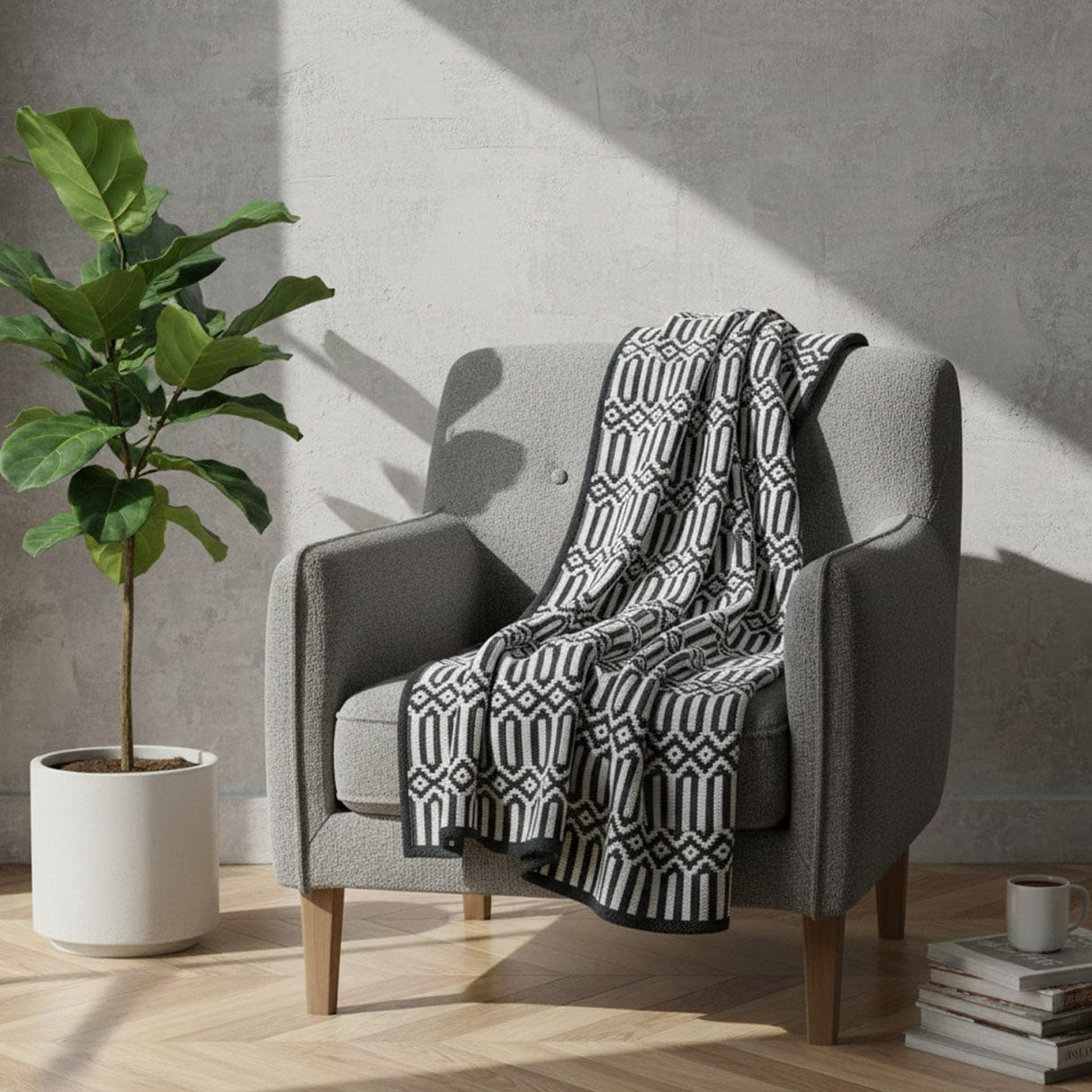 Grand plaid en coton blanc et noir tissé au Portugal Plaid en coton "Hexa" - Noir