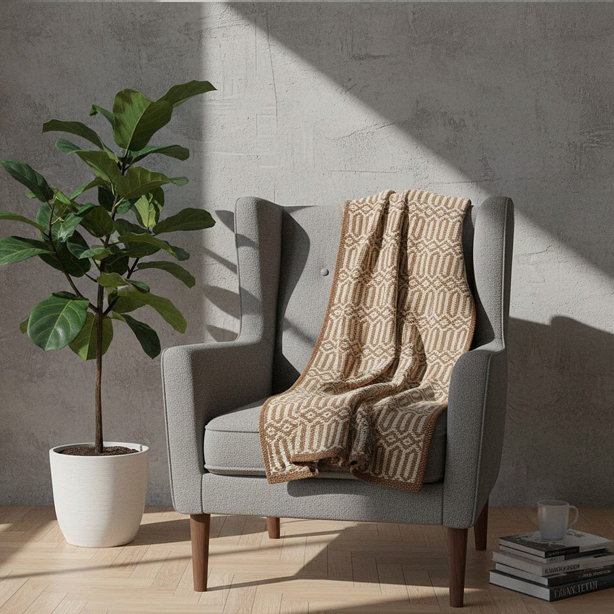 Grand plaid en coton camel tissé au Portugal Plaid en coton "Hexa" - Camel