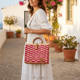 Grand sac cabas en jonc Rose - Mode portugaise Sac cabas en jonc 30cm - Rose & naturel