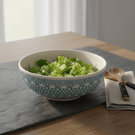 Grand saladier céramique turquoise I Motifs dentelles portugaises Grand saladier "Renda" turquoise - 25cm