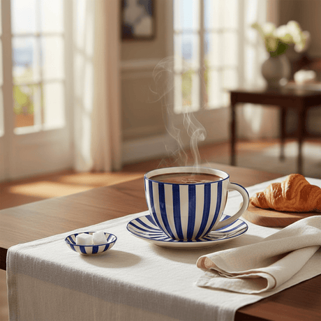 Grande tasse en porcelaine portugaise I Vente en ligne Grande tasse rayée "Costa Nova Mar" - Bleue