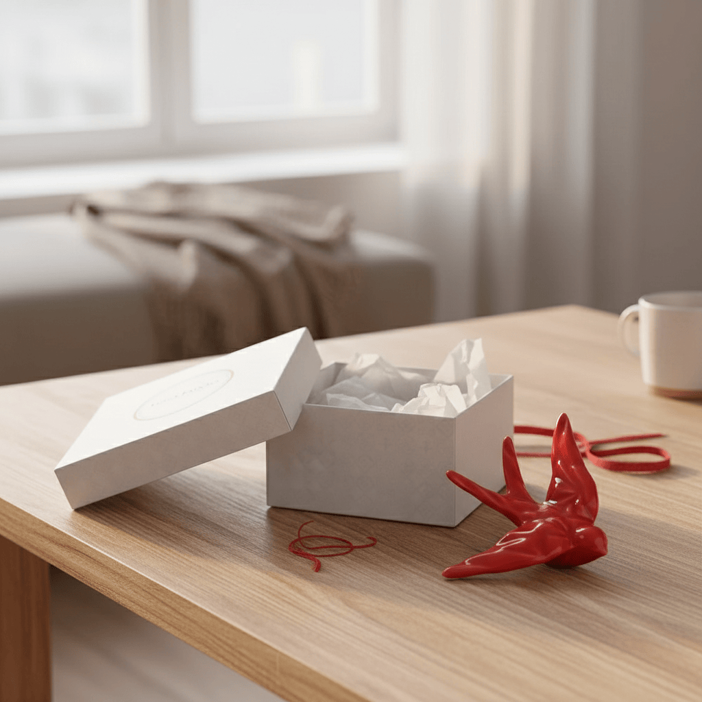 hirondelle en céramique stylisée et modernisée rouge brillant, dans sa boîte cadeau Luisa Paixão.  Coffret hirondelle stylisée - Rouge