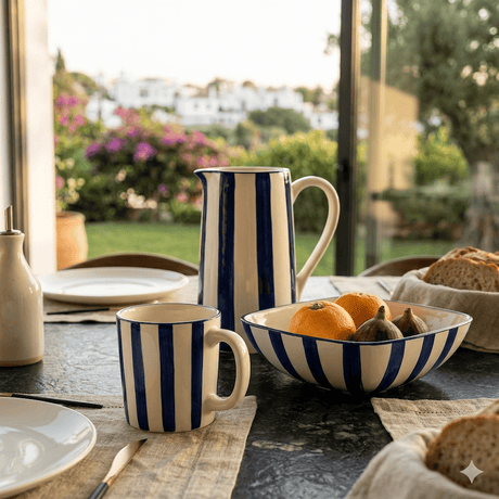 Mug en céramique portugaise rayé bleu et blanc Mug rayé "Costa Nova Mar" - Bleu Cobalt