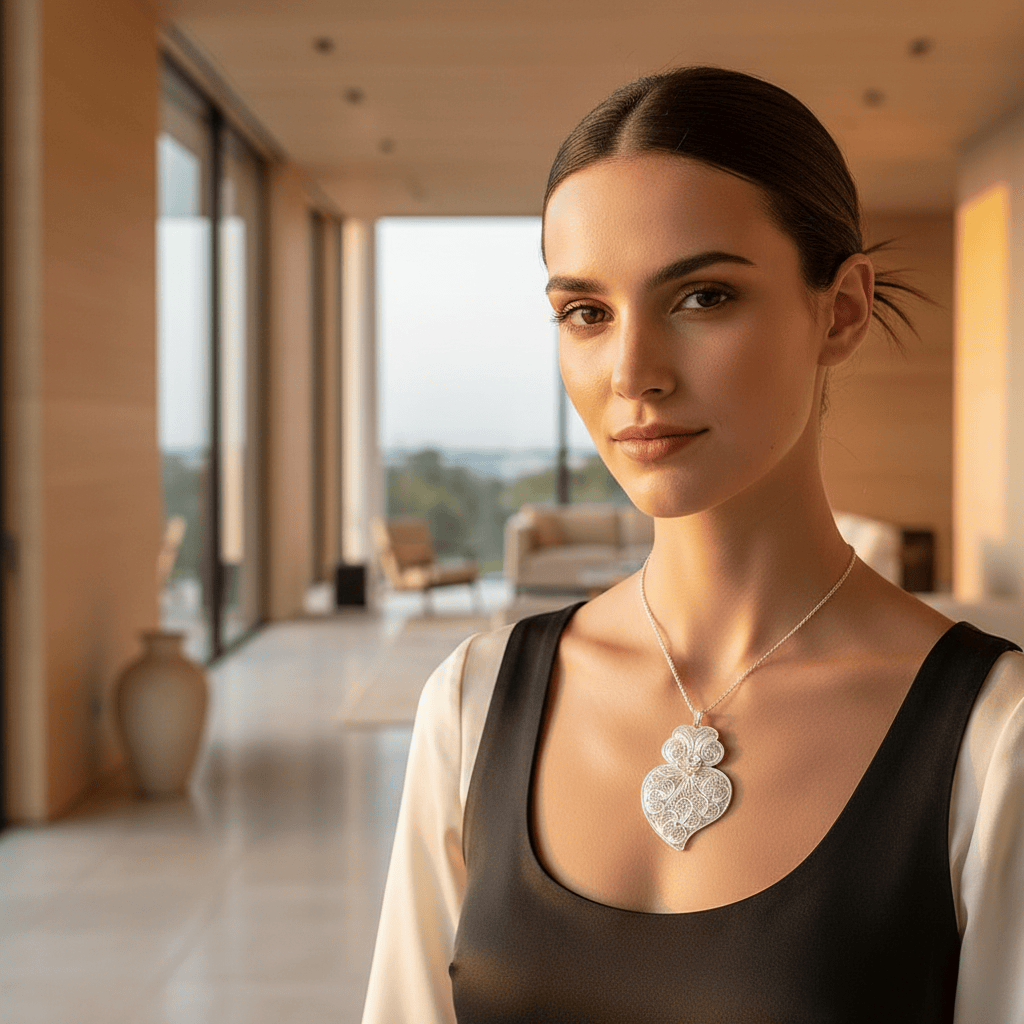 Pendentif Coeur de Viana en argent 11 cm I Vente bijoux argent Coração de Viana I Pendentif en argent - 11 cm