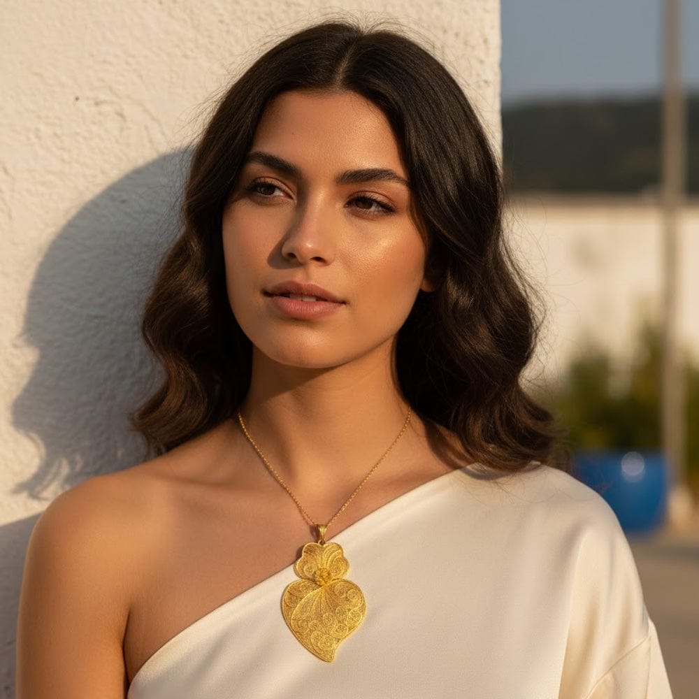 Pendentif Coeur de Viana en argent doré 11 cm I Vente bijoux argent Coração de Viana I Pendentif en argent doré - 11 cm