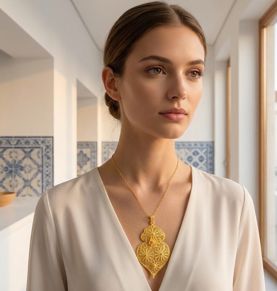 Pendentif Coeur de Viana en argent doré 8 cm I Bijoux du Portugal Coração de Viana I Pendentif en argent doré - 8cm