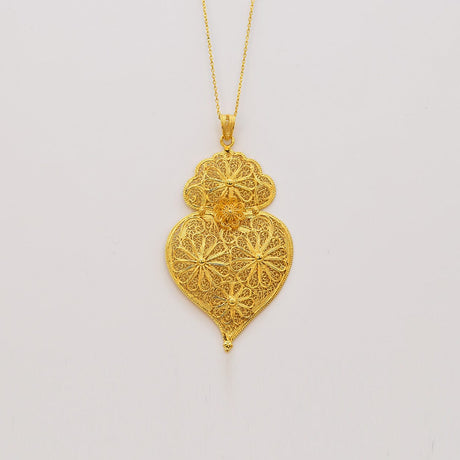 Pendentif Coeur de Viana en argent doré 8 cm I Bijoux du Portugal Coração de Viana I Pendentif en argent doré - 8cm