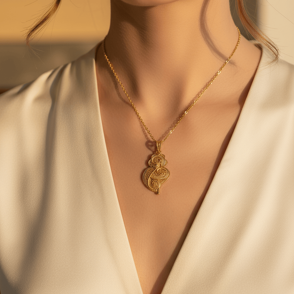 Pendentif coeur de viana en argent doré I Vente de bijoux argent Coração de Viana I Pendentif en argent doré - 3.5cm