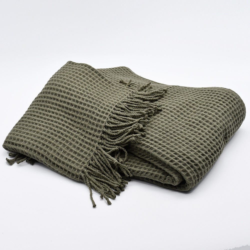 Plaid à franges en coton gaufré kaki Plaid à franges en coton gaufré 200x140 - Kaki