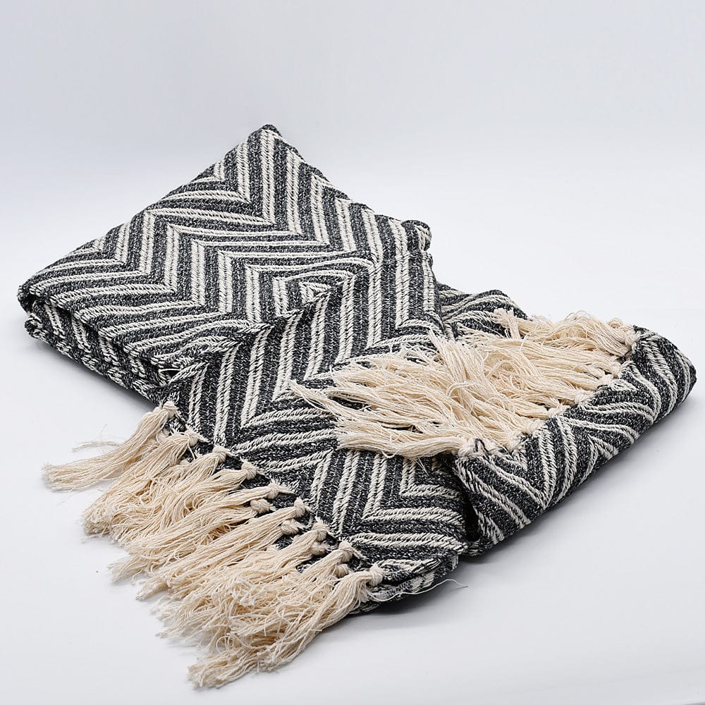 Plaid à franges en coton motifs chevrons gris Plaid en coton "Espiga" - Gris