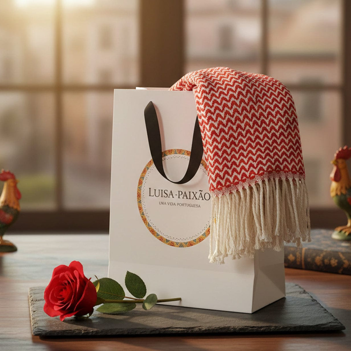 Plaid en coton rouge motifs vagues I Artisanat du Portugal en ligne Plaid en coton "Ondas" - Rouge