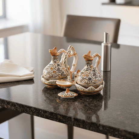 Présentoir à huile. vinaigre. sel et poivre en céramique de Coimbra Présentoir à huile. vinaigre. sel et poivre en céramique de Coimbra