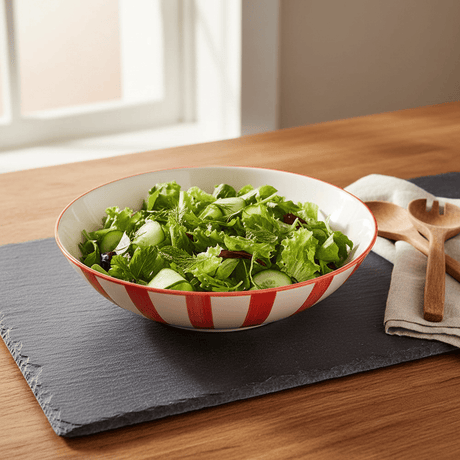 Saladier en porcelaine portugaise I Vaisselle du Portugal en ligne Saladier rayé "Costa Nova Mar" 25cm - Rouge