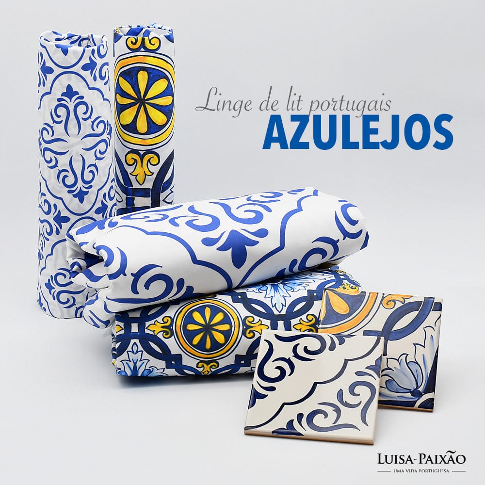 Tapis artisanal portugais noir Housse de couette "Azulejos" - Bleu & Jaune