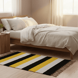 Tapis rayé jaune noir blanc I Tapis artisanal portugais Tapis Artisanal rayé - Noir. jaune. beige