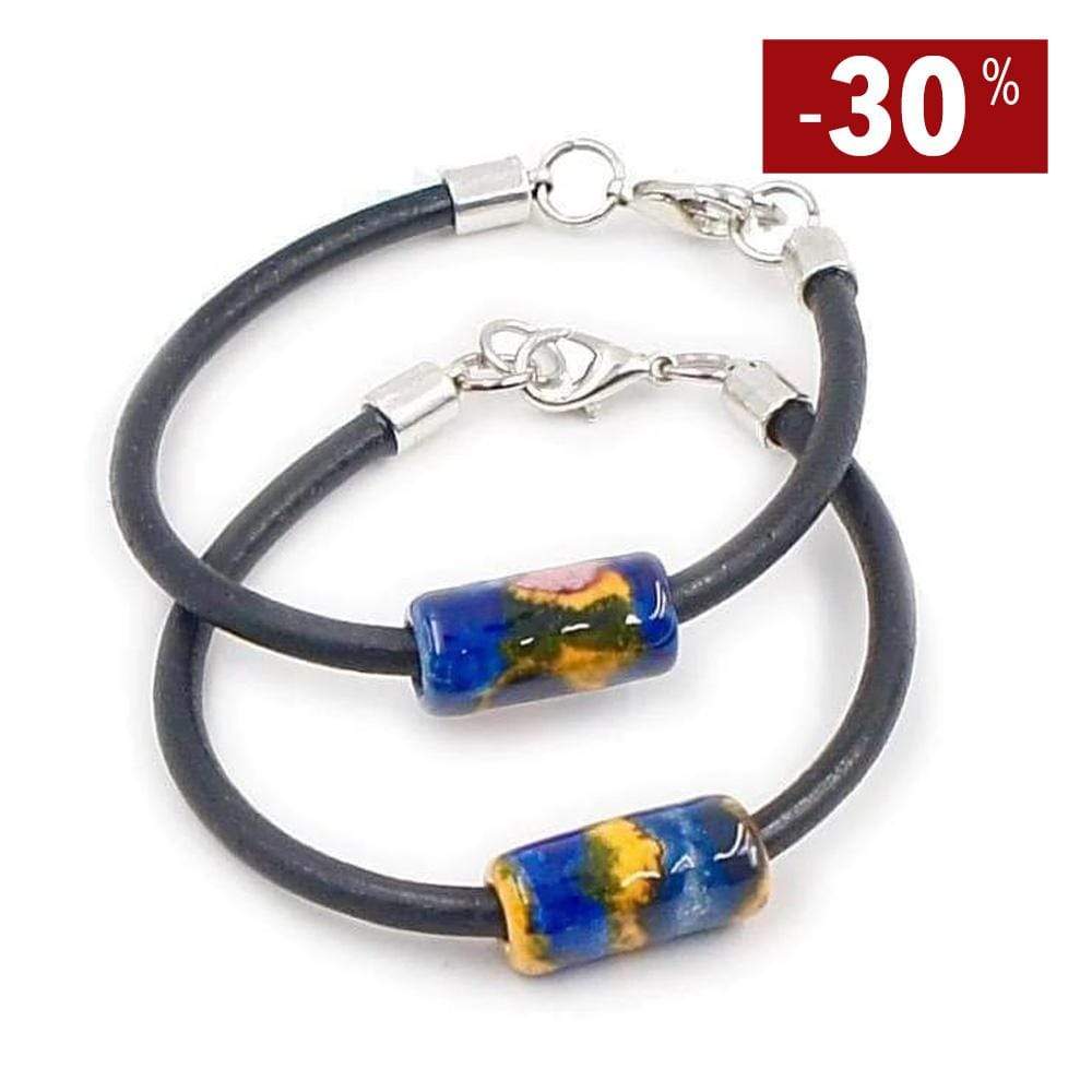Bracelet céramique sur cuir Noir et rouge I Artisanat portugais Bracelet céramique sur cuir Bleu dur et Jaune
