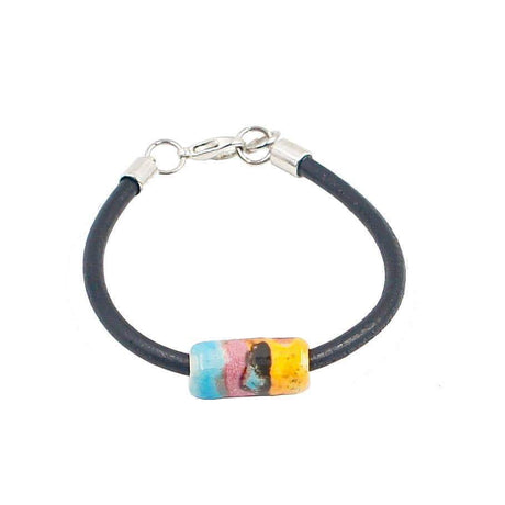 Ceramic bracelet on  leather : Turqoise-blue, pink and yellow