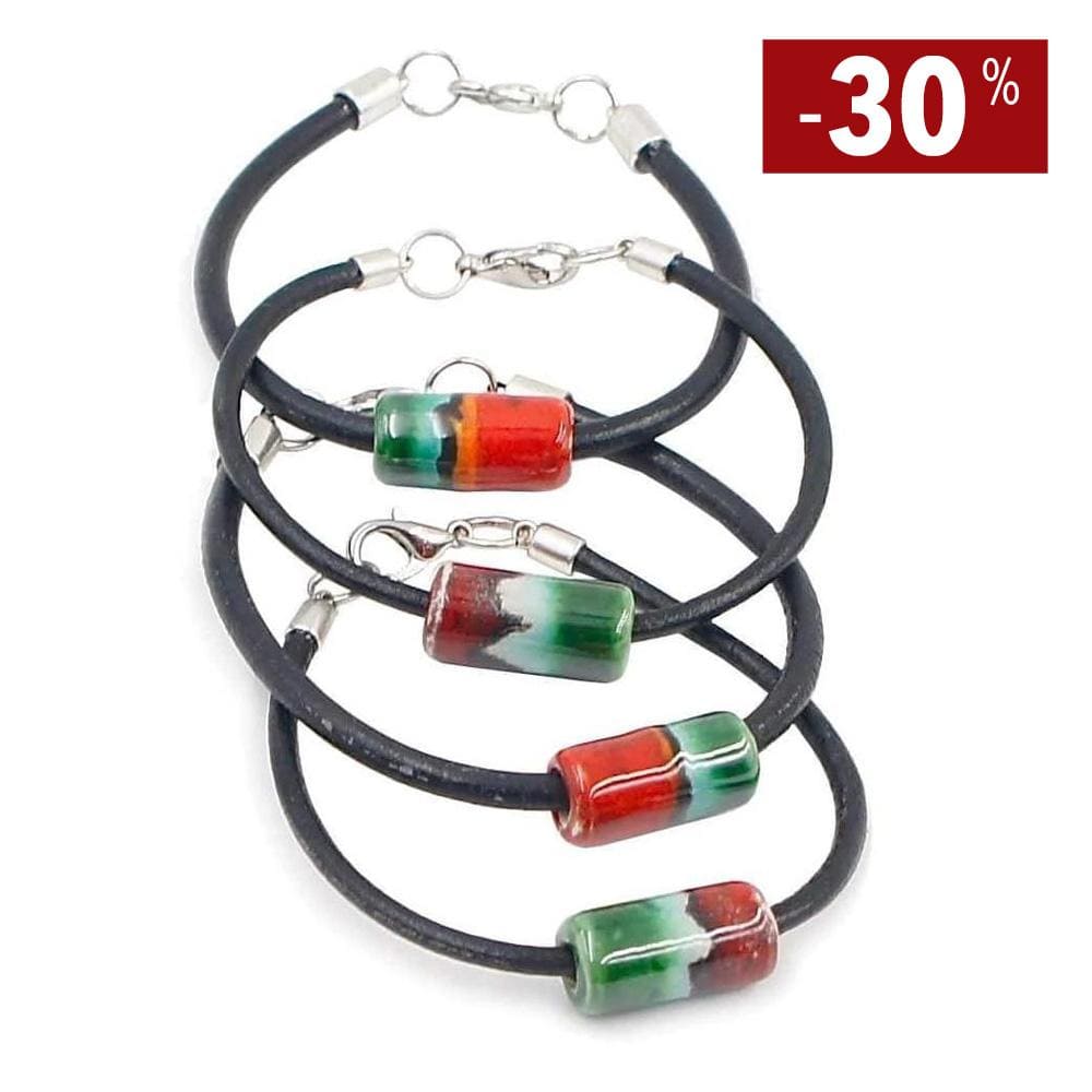 Bracelet céramique sur cuir Vert et rouge I Artisanat portugais Bracelet céramique sur cuir Vert et Rouge