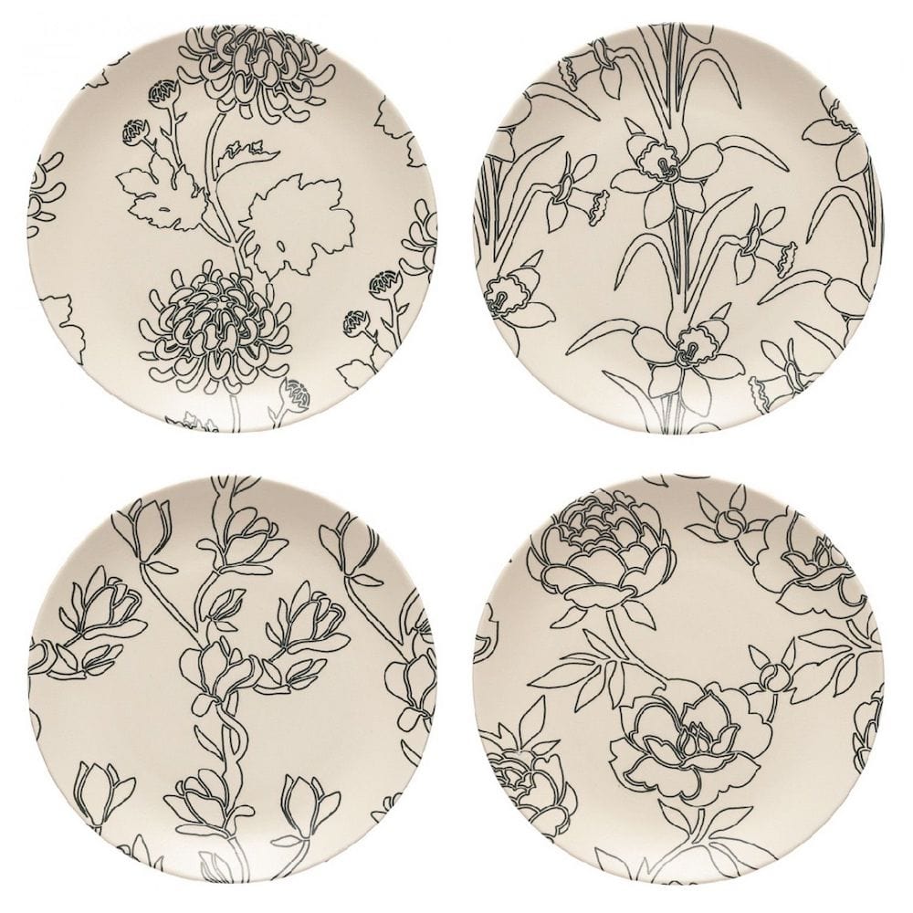 Ensemble de 4 assiettes en grès au motifs floraux Assiettes en grès "Éléments" - 21cm