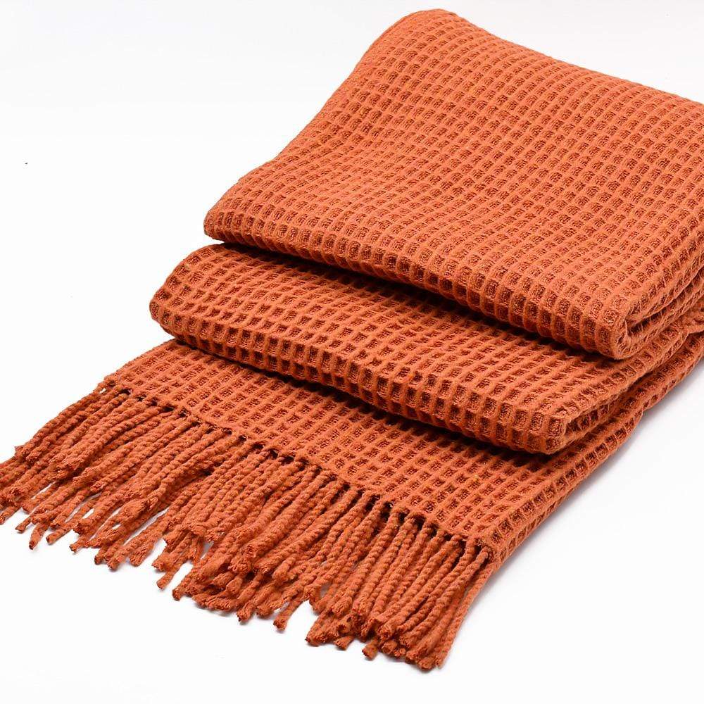 Plaid à franges en coton gaufré Orange Plaid à franges en coton gaufré 200x140 - Orange
