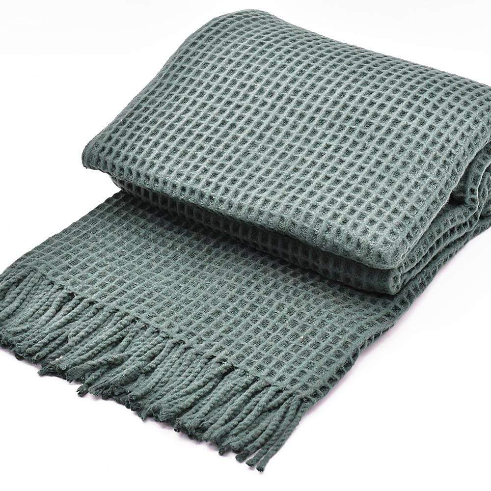 Plaid à franges en coton gaufré Vert foncé Plaid à franges en coton gaufré 200x140 - Vert foncé