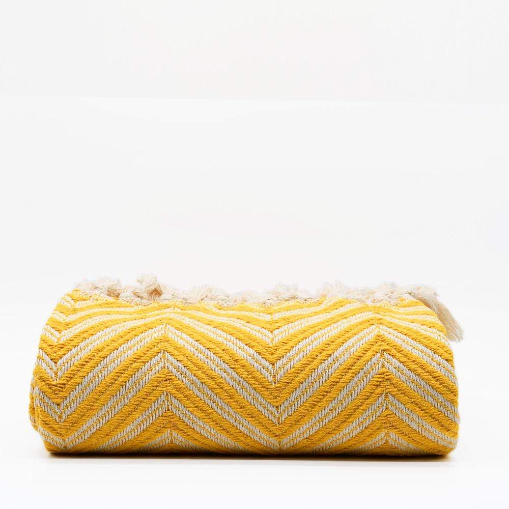 Plaid en coton aux couleurs vives I Artisanat du Portugal en ligne Plaid "chevrons" à franges en coton 200X135 - Jaune