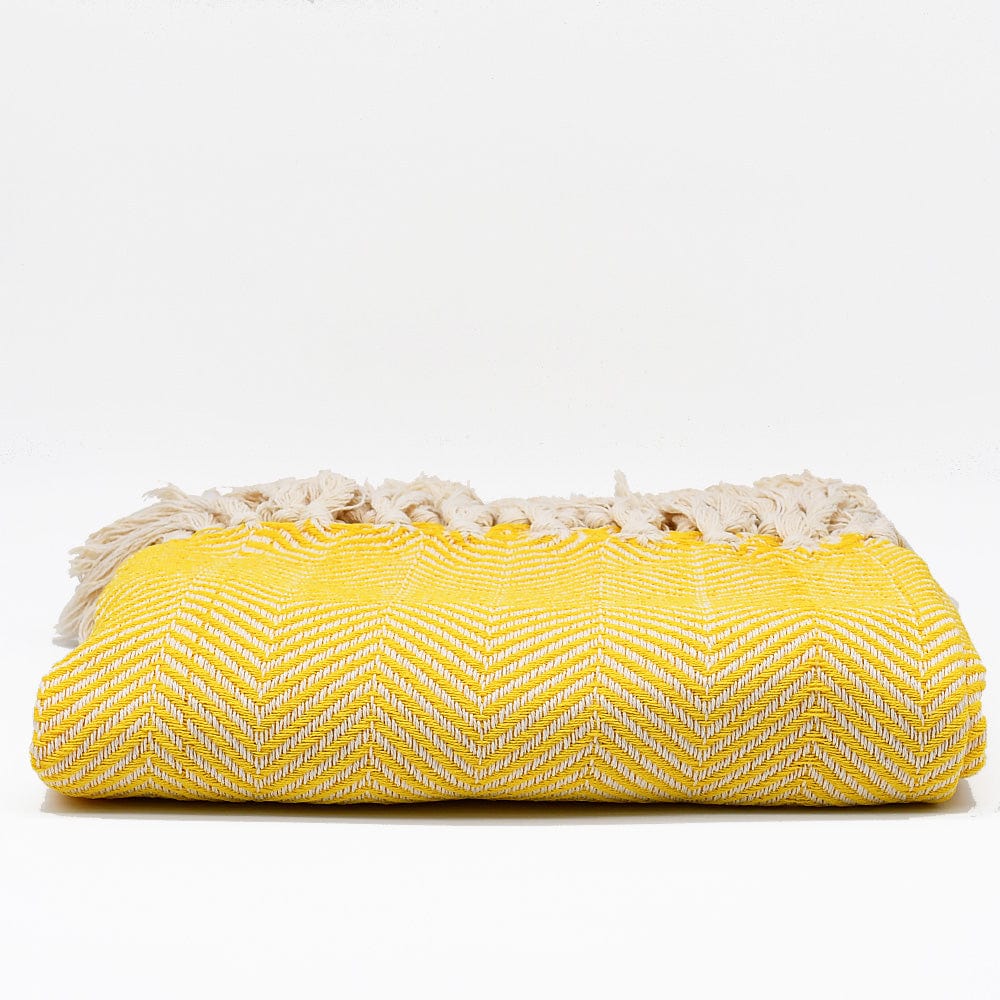 Plaid en coton jaune motifs chevrons I Artisanat du Portugal en ligne Plaid à franges en coton "Chevrons" 200x135 - Jaune