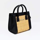 Sac à main carré en cuir et jonc naturel I Tendance portugaise Sac en cuir et jonc 20cm - Naturel