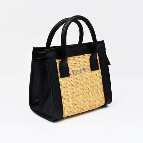 Sac à main carré en cuir et jonc naturel I Tendance portugaise Sac en cuir et jonc 20cm - Naturel