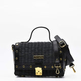 Sac à main en cuir et jonc noir I Tendance portugaise Sac en cuir et jonc 24cm - Noir