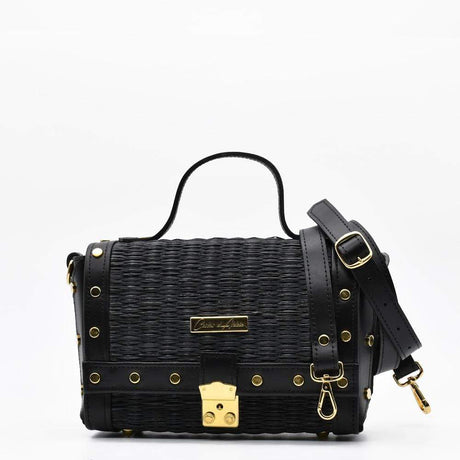 Sac à main en cuir et jonc noir I Tendance portugaise Sac en cuir et jonc 24cm - Noir