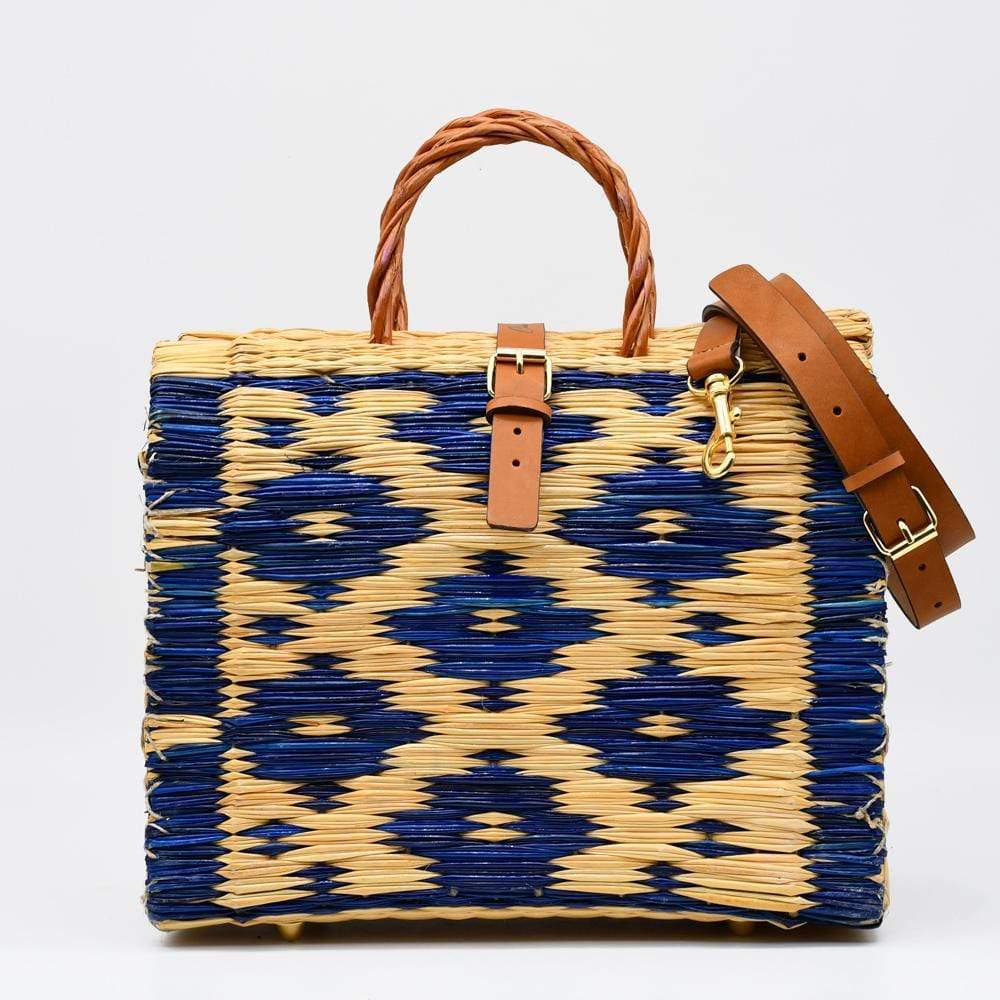 Sac cabas en jonc 30cm - Bleu & naturel