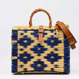 Sac cabas en jonc 30cm - Bleu & naturel