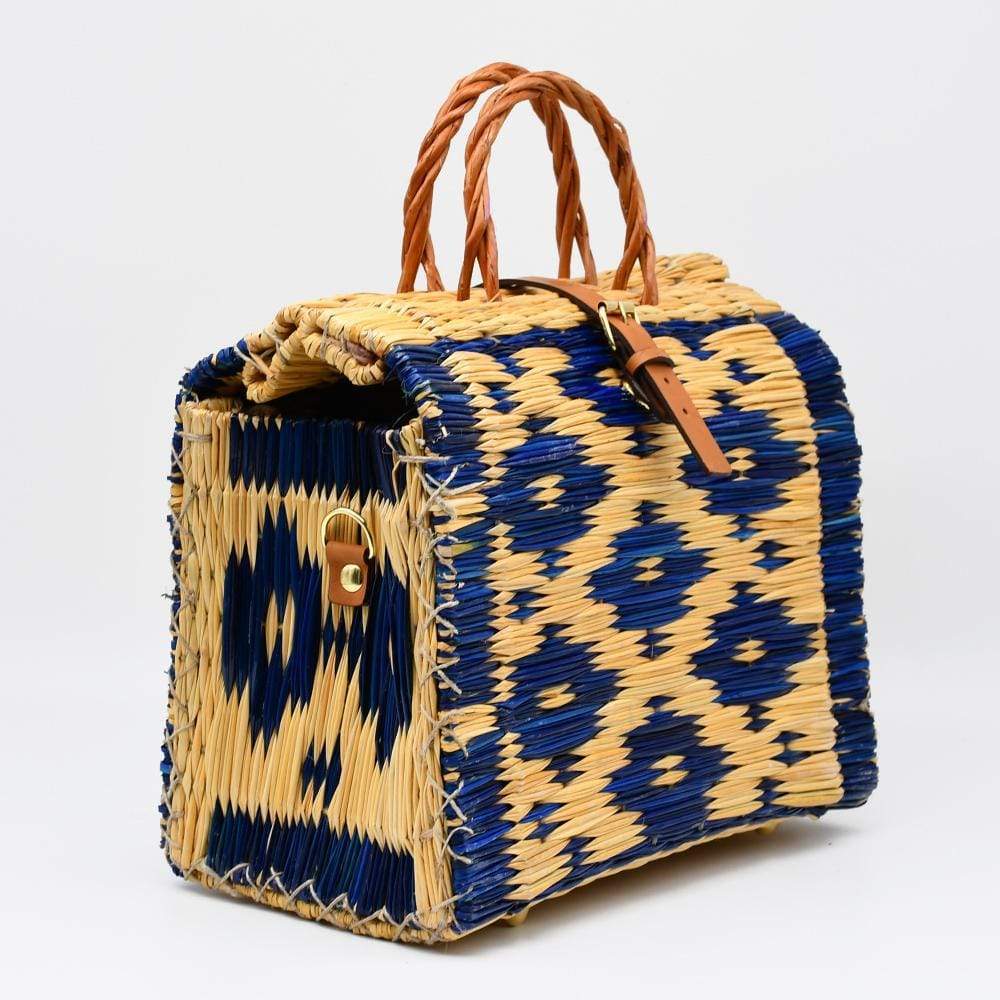 Sac cabas en jonc 30cm - Bleu & naturel