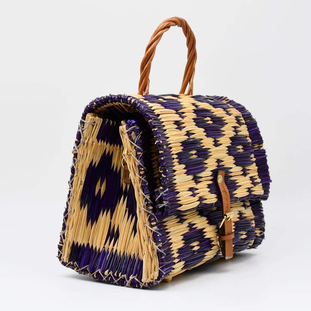 Sac cartable en jonc 30cm - Violet & Naturel