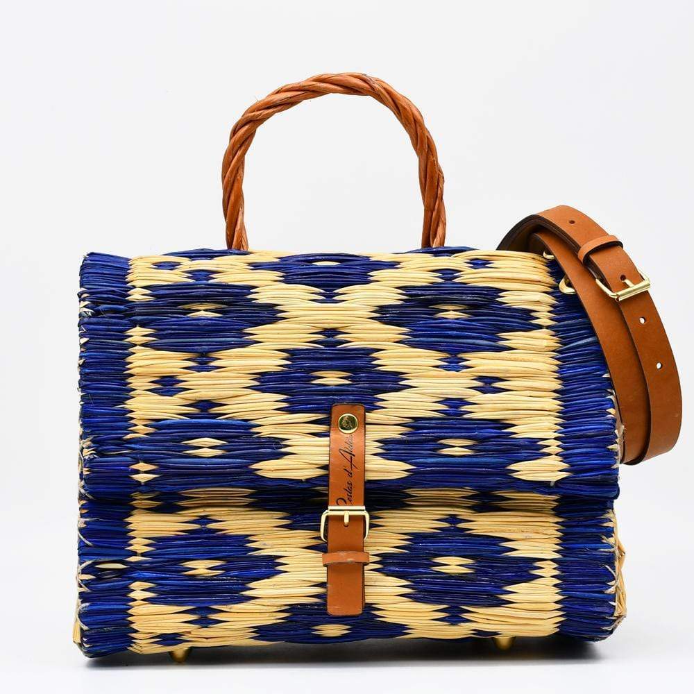 Sac cartable en jonc 30cm - Bleu & naturel