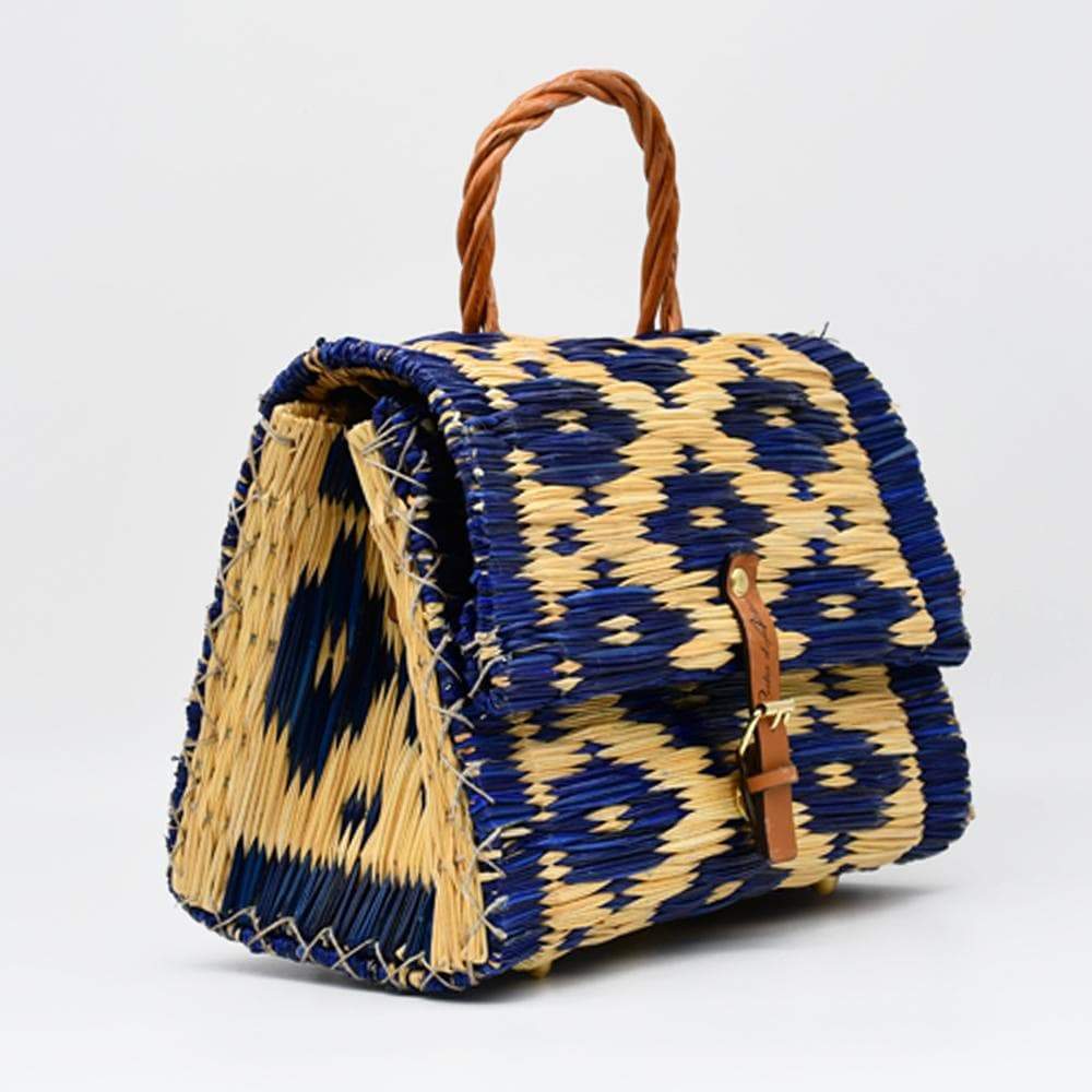 Sac cartable en jonc 30cm - Bleu & naturel