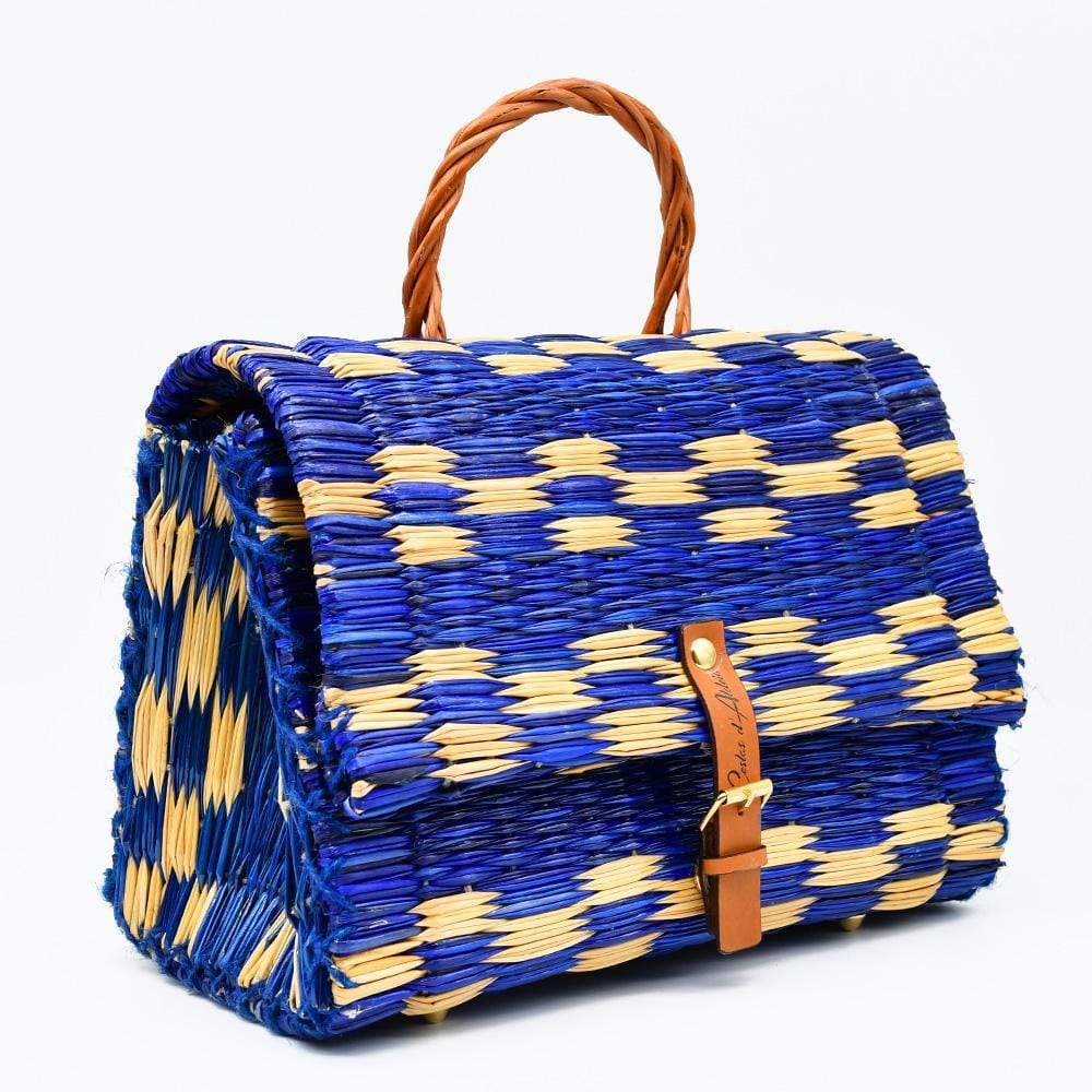 Sac cartable en jonc 30cm - Bleu & naturel