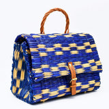 Sac cartable en jonc 30cm - Bleu & naturel