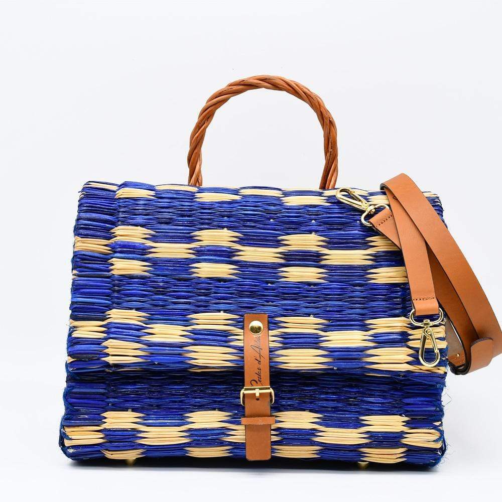 Sac cartable en jonc 30cm - Bleu & naturel