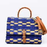 Sac cartable en jonc 30cm - Bleu & naturel
