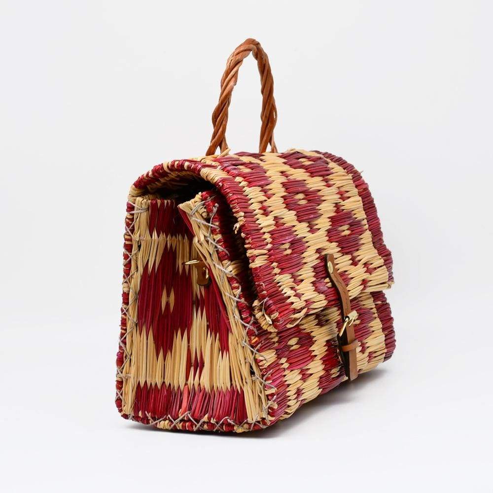 Sac cartable en osier (jonc) 30cm - Bordeaux & naturel