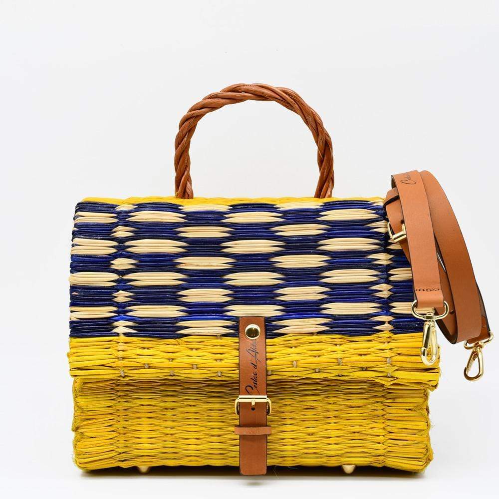 Sac cartable en jonc 25cm- Jaune & bleu