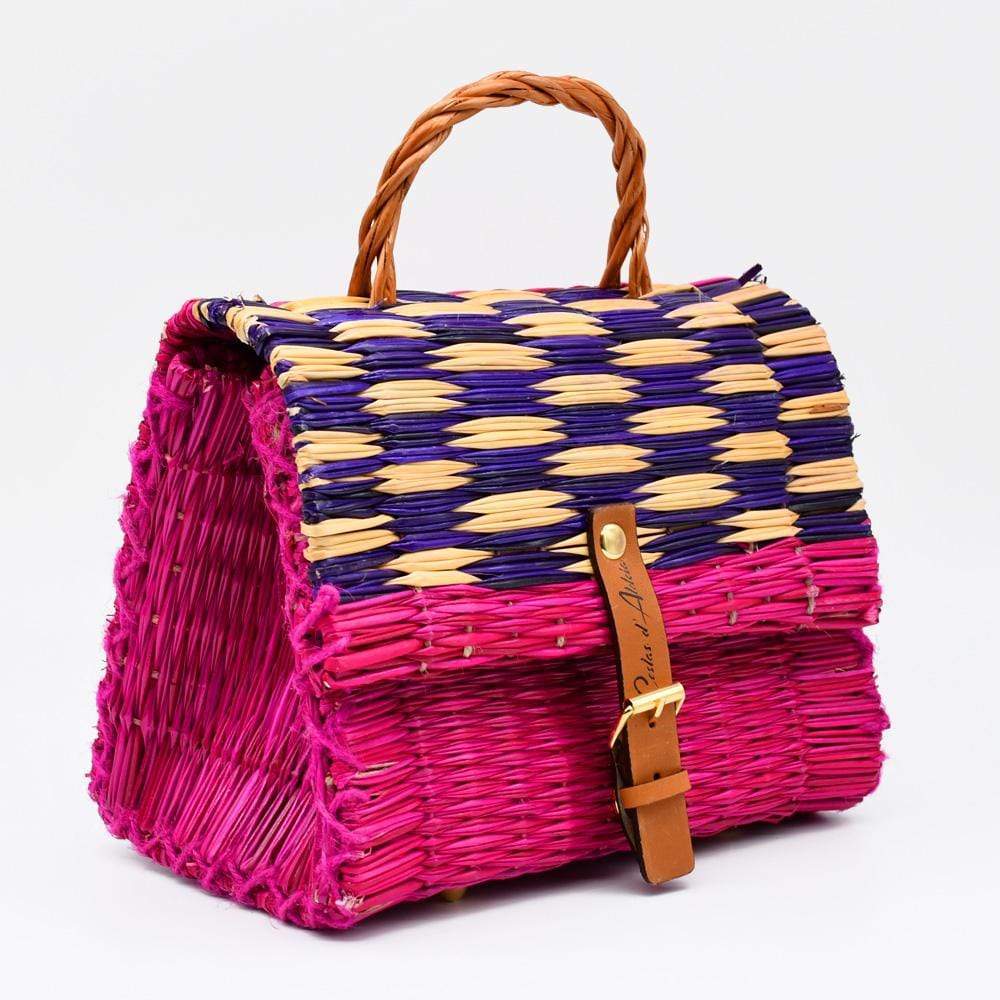 Sac cartable en osier (jonc) 22cm - Rose & violet