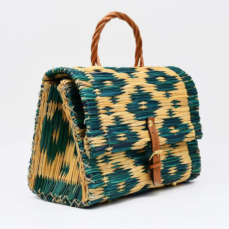 Sac cartable en jonc 25cm - Turquoise & naturel