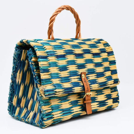 Sac cartable en jonc 30cm - Turquoise & naturel