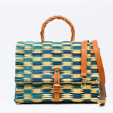 Sac cartable en jonc 30cm - Turquoise & naturel