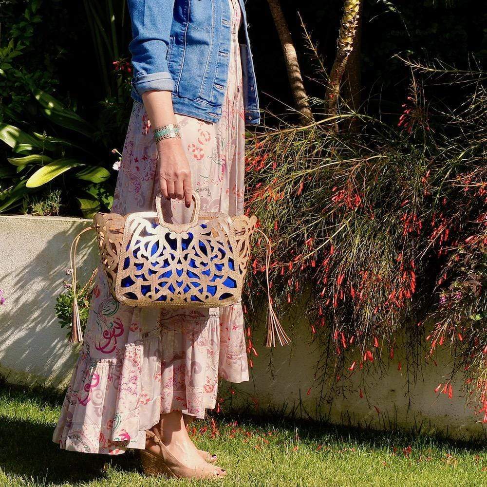 Sac panier en liège Doré et Bleu