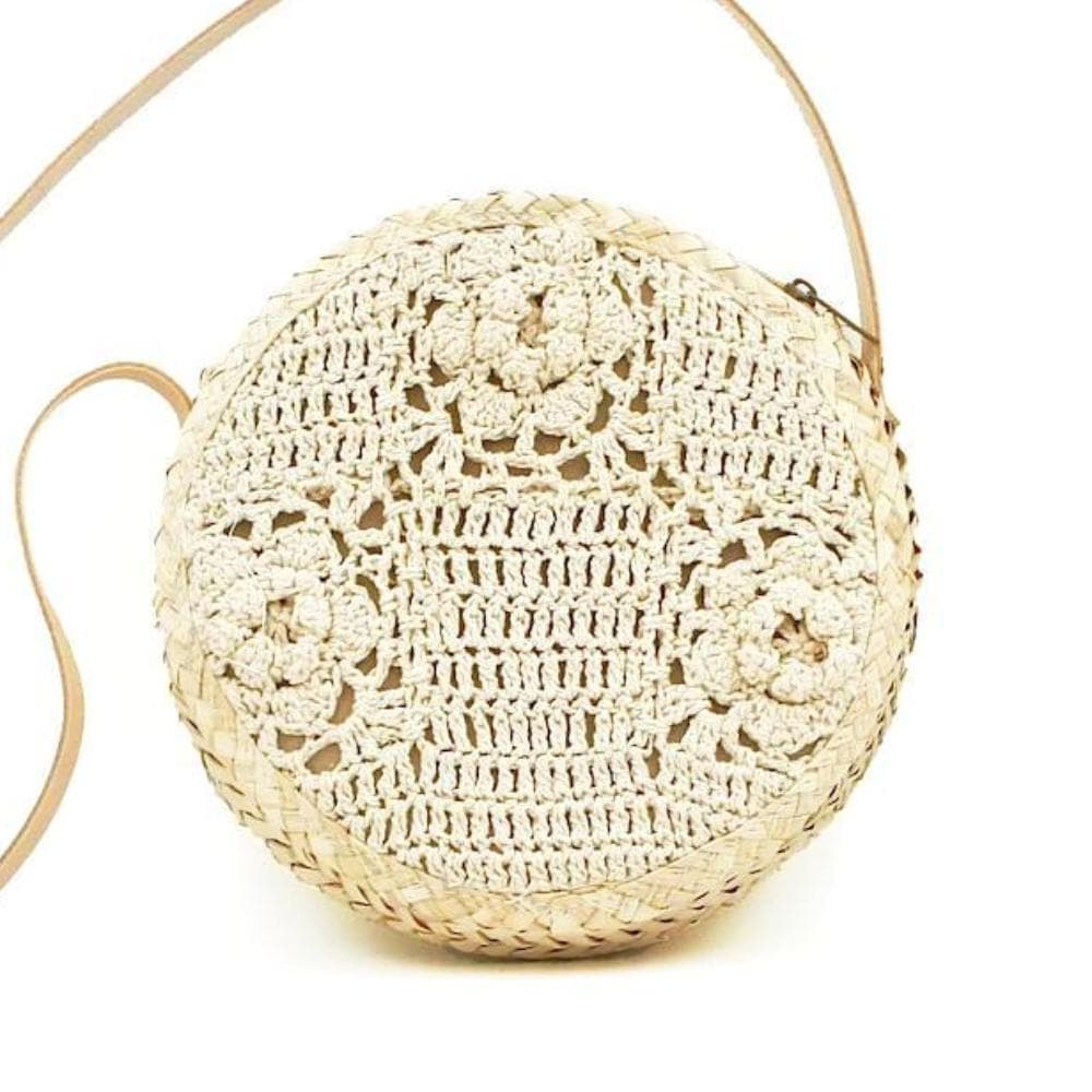 Sac rond en paille tressée et crochet - 25 cm