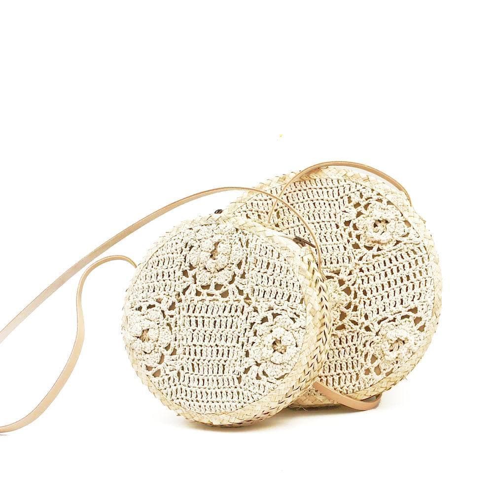 Sac rond en paille tressée et crochet - 25 cm